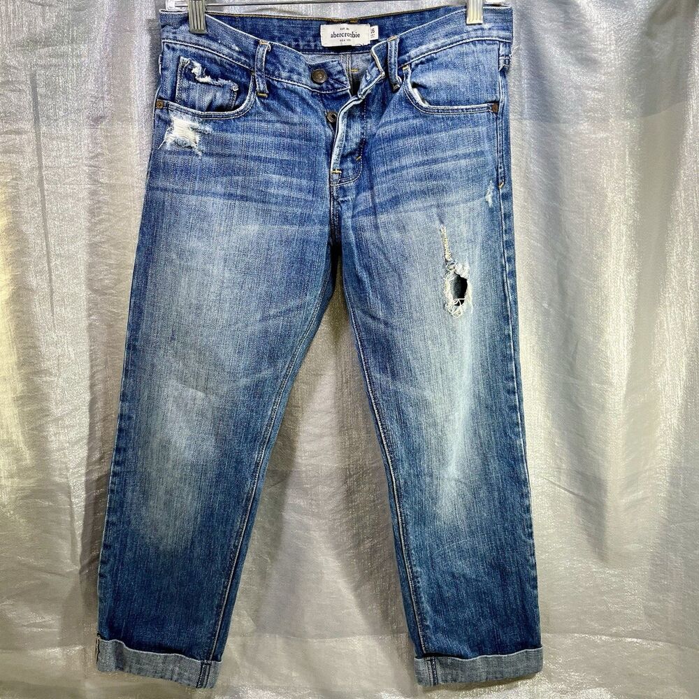 ABERCROMBIE Kids Girls Hemmed &Embroidered Distressed Jeans Size 16 Button Fly